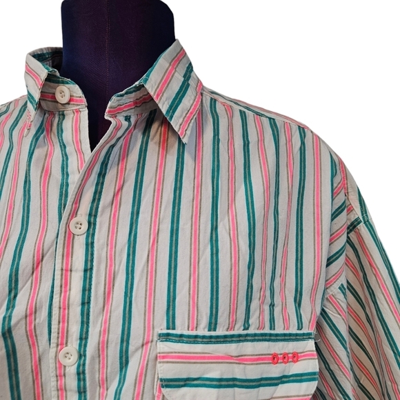 Vintage 80s Columbia Neon Striped Radical Sleeve Button Front Shirt Large J65 - Picture 3 of 13